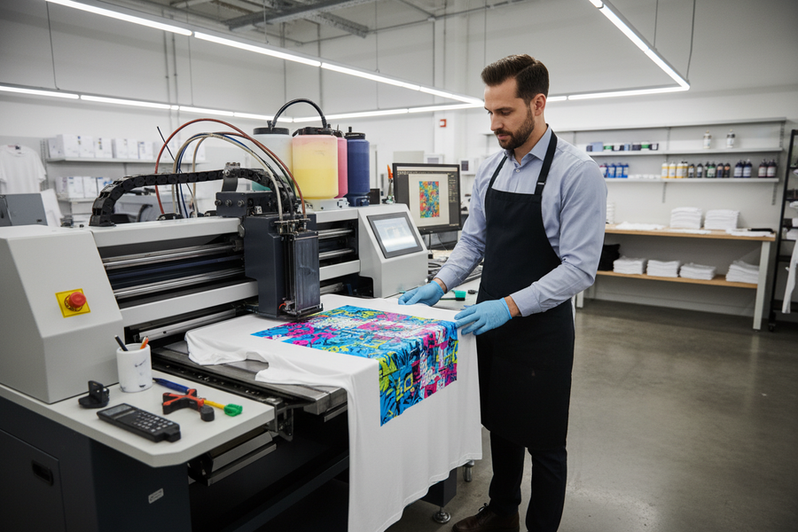a man make print on the tshirt with the help of machine 